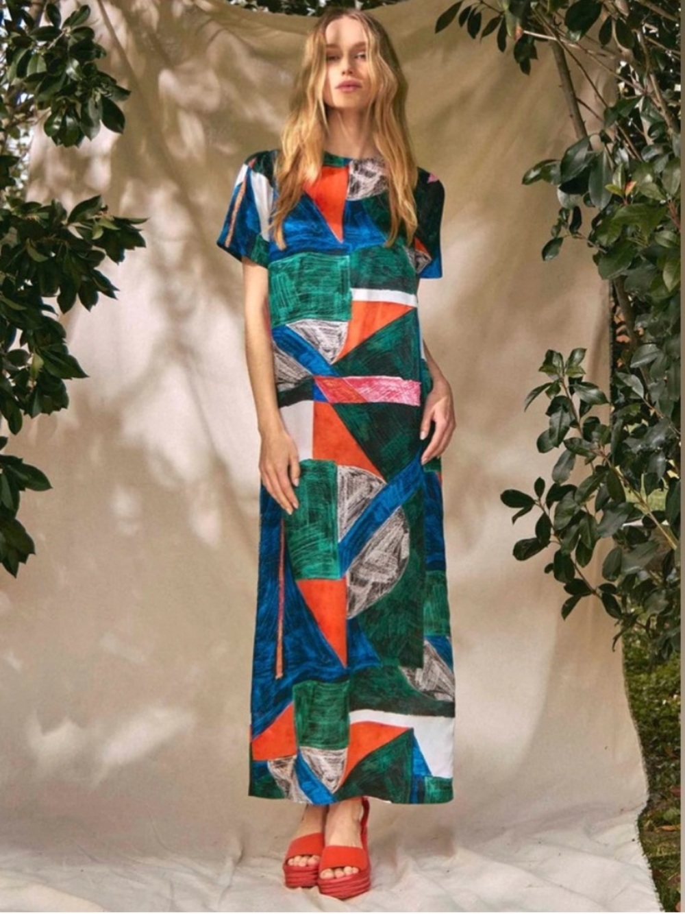 Hunter Bell Dress Valerie Maxi Silk Satin in Mosaic Blue Red